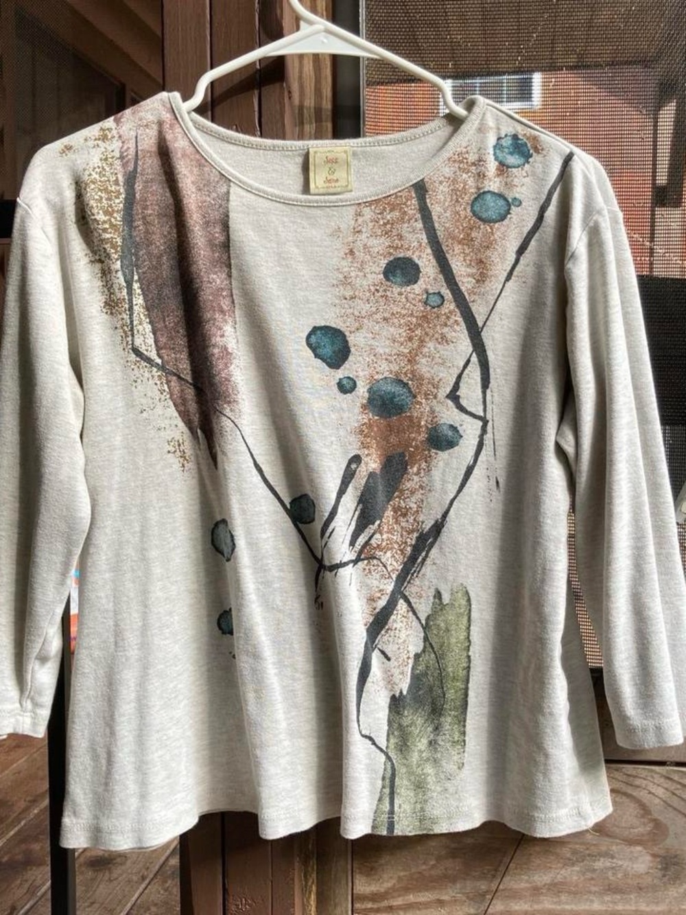 Jess & Jane abstract art shirt, medium, 3/4 sleeves